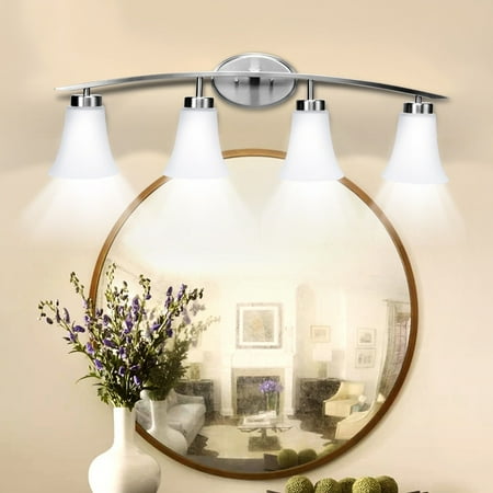 Silver Bathroom Vanity Light - 4-Light Vanity Light Nickel Finish With Glass Shade Bathroom Fixture UL Listed