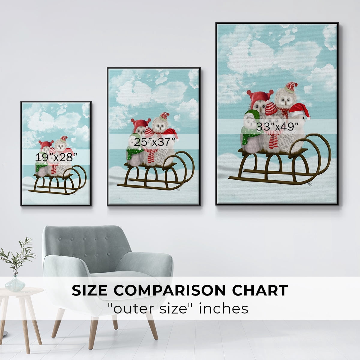 Christmas Christmas Owl Sled - Framed Gallery Wrapped Holiday Canvas - 27 x 41 - Black Frame