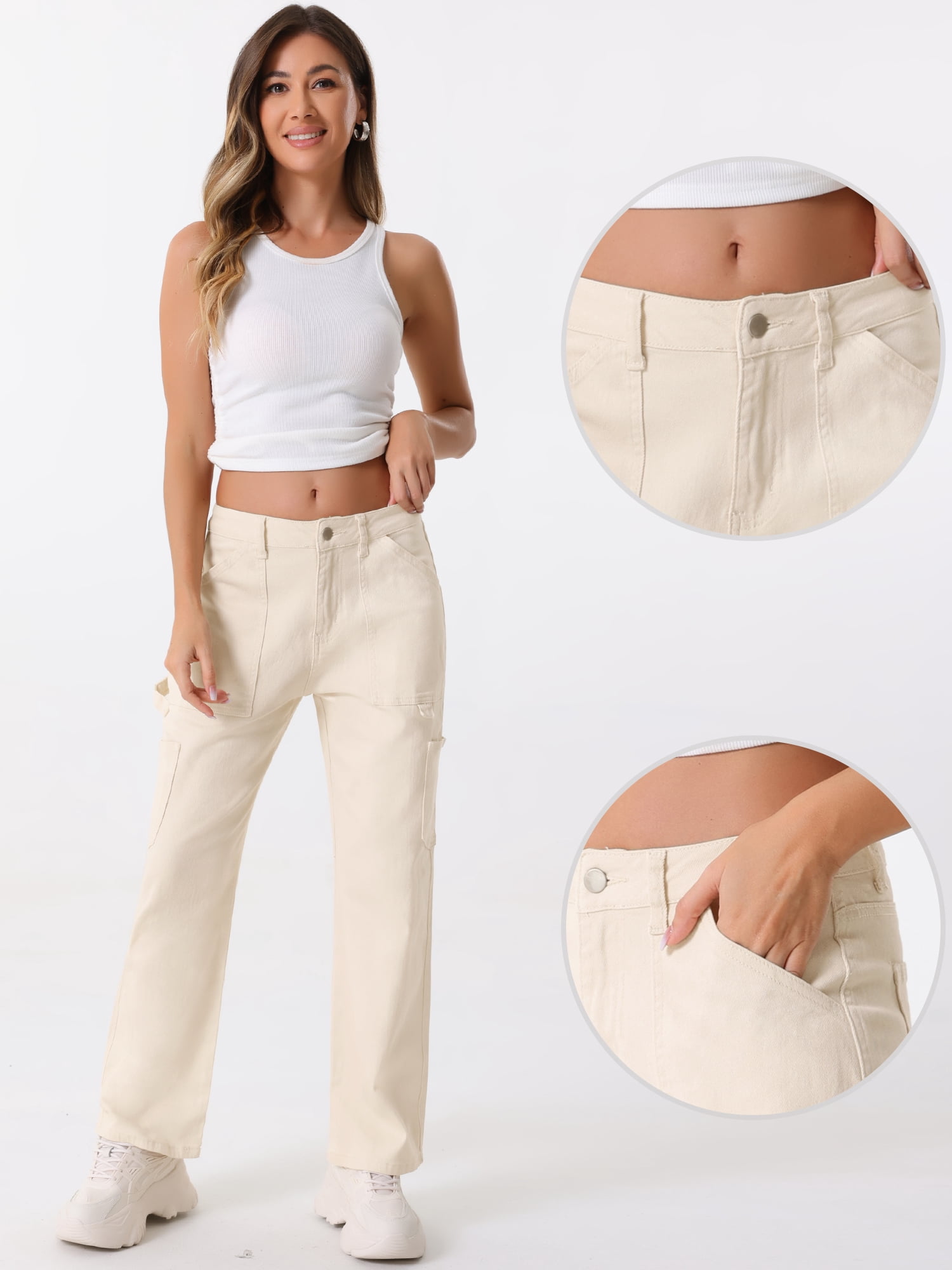 DARING DIVA Women's High Waist Baggy Y2K Street Cargo Pants with Pockets M Beige