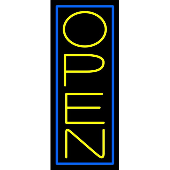Yellow Open With Blue Border Vertical LED Neon Sign 24 x 10 - inches, Black Square Cut Acrylic Backing, with Dimmer - Bright and Premium built indoor LED Neon Sign for storefront.