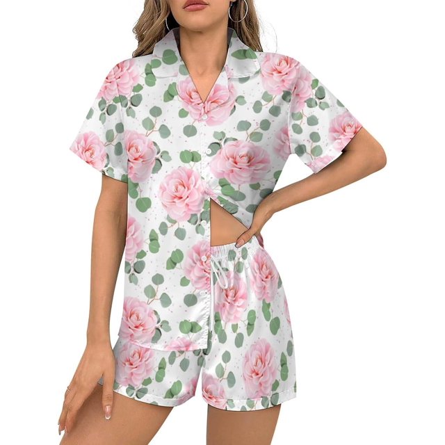 SKQIT Womens Short Sleeve Pajama Sets, 2 Piece Cute Print Soft Satin Button Down Shirt and Shorts Sleepwear Sets