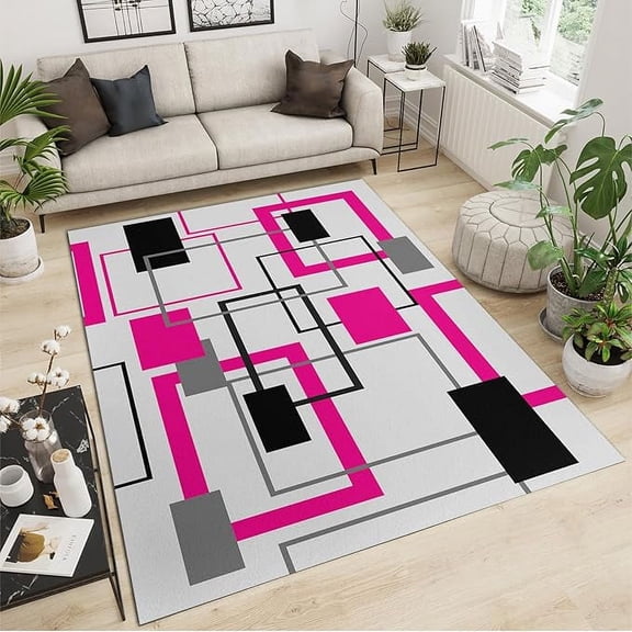 Modern Luxury Rug, Magenta Black Gray Square Geometry Area Rugs, Non Slip Washable Foldable Mat For Living Room Bedroom Entryway Hallway Office Playroom Classroom 4 x 5ft