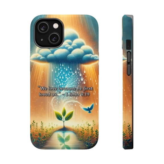 DistinctInk Tough Case for Apple iPhone 14 PLUS (6.7" Screen), Compatible with MagSafe Charging - "We Love Because He First Loved Us" - 1 John 4:19