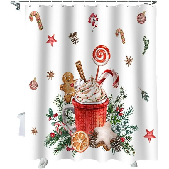 Christmas Shower Curtain Gingerbread Candy Cane Shower Curtains for Bathroom Decor Xmas Ball for Christmas Decoration Bath Curtains Sets with Hooks Waterproof 72" W x 72" L
