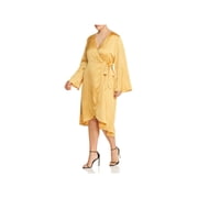 LOST INK Womens Gold Zippered Tie Satin Bell Sleeve Surplice Neckline Midi Evening Wrap Dress Plus 4X