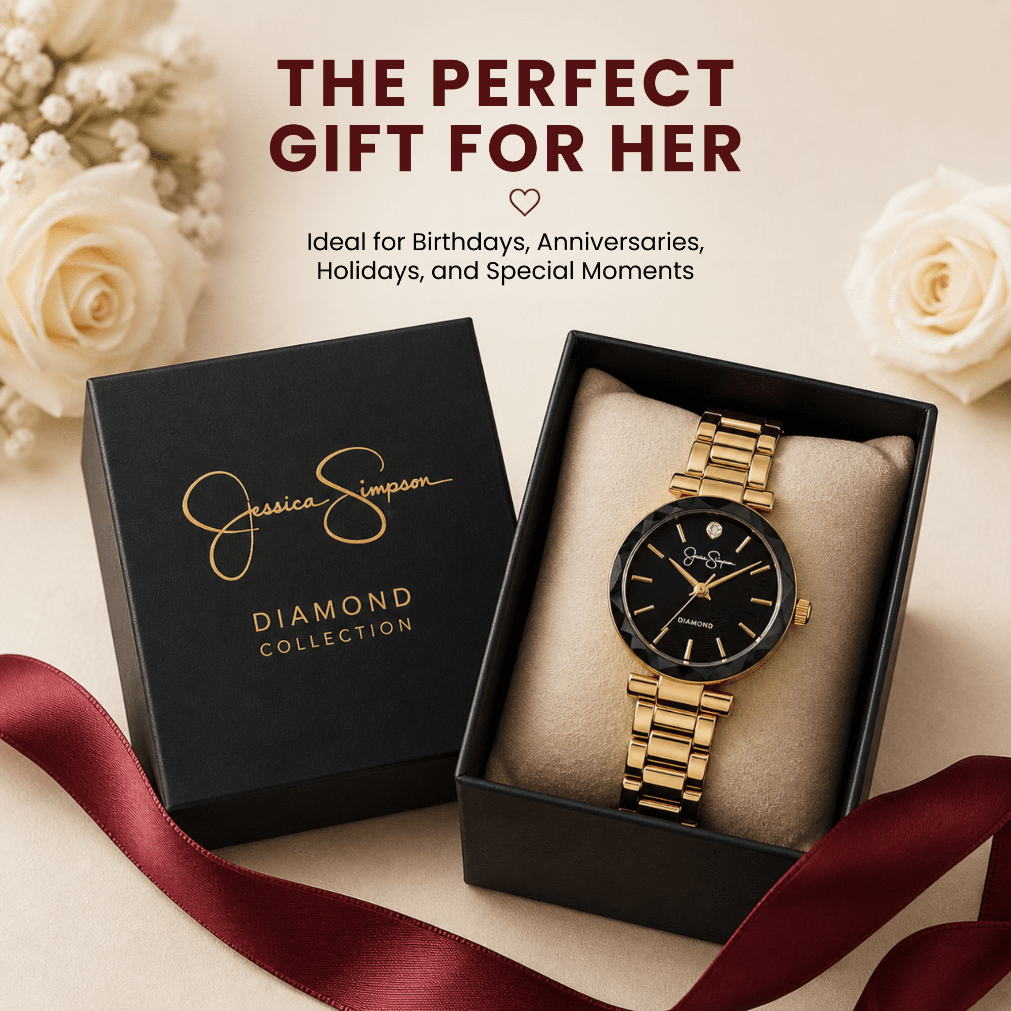 Jessica Simpson Diamond Collection Women Watch, Classic Quartz, Metal Band, Round Faceted Crystal Face, Elegant Dress Watch for Women