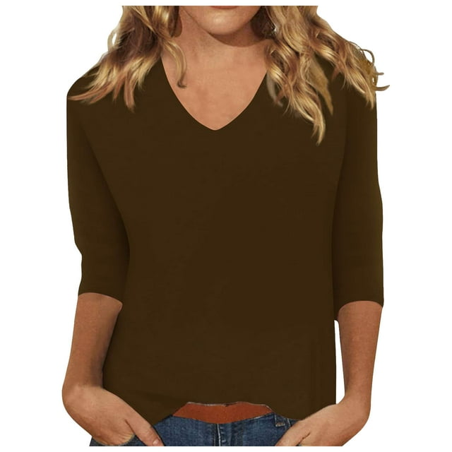WEIYLL Women's T Shirts V Neck Solid Color Summer Basic 3/4 Sleeve Coffee Tee Sizes L