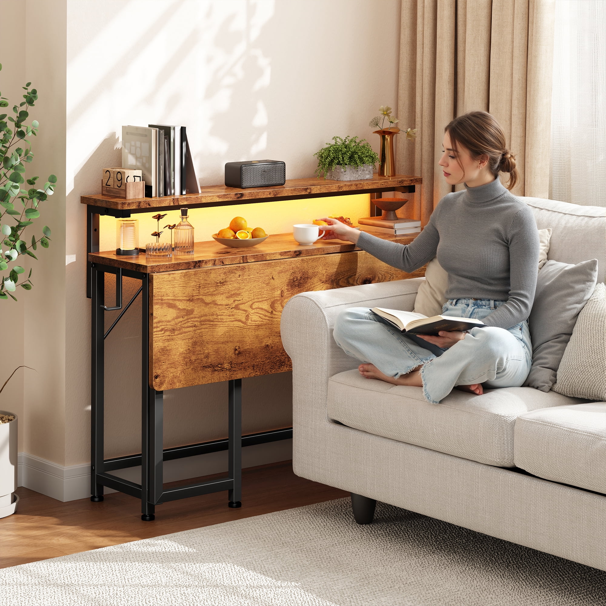 Romorgniz 39.4"D Computer Desk with LED Lights, Foldable Desk with Monitor Stand & Hooks, Computer Desk for Small Space, Rustic Brown