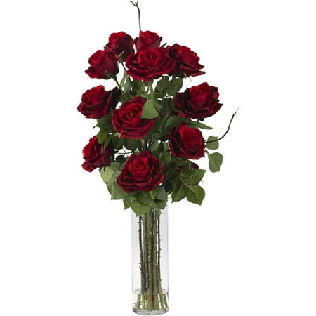 Nearly Natural Red Roses with Cylinder Vase Silk Flower Arrangement Nearly Natural Roses with Cylinder Vase Silk Flower Arrangement - Red Nothing says  love  quite like a red rose in full bloom. The soft petals  so perfectly formed; the deep  rich color; the lush greenery that provides the ideal backdrop - the visual is intoxicating indeed. And this piece perfectly captures that essence with this amazing Red Rose bouquet. Complete with a sturdy vase  this beautiful arrangement will project a feeling of warmth for years to come. Height: 27    Width: 14    Depth: 14  . Category: Silk Arrangement. Vase Size: W: 3.5 in  H: 10.5 in Color: Red. Brand: Nearly Natural Model Number: 1368-1206Shipping Details
