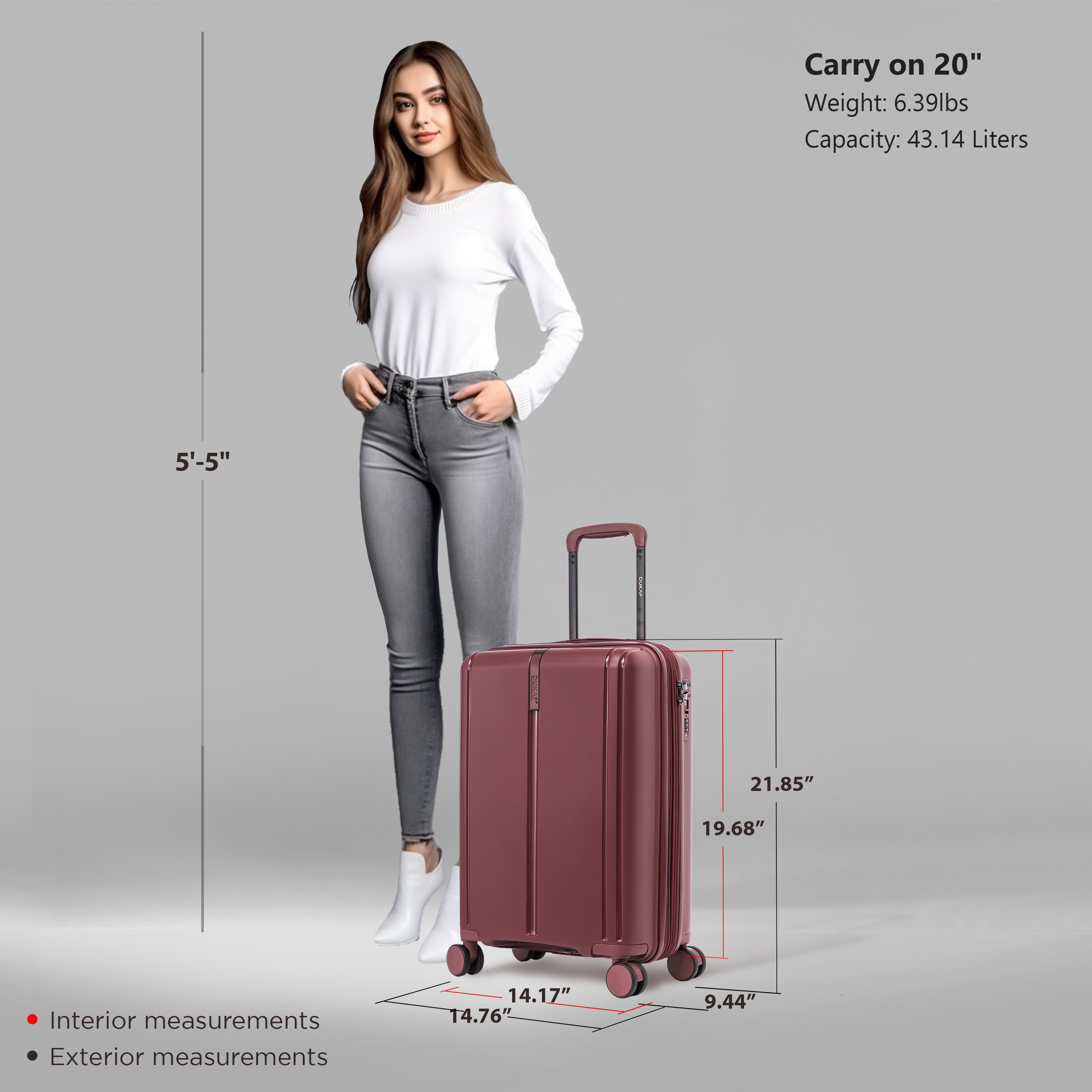 DUKAP AIRLEY 20" Lightweight Hardside Carry-On Luggage with Spinner Wheels, Handle and Trolley, Wine