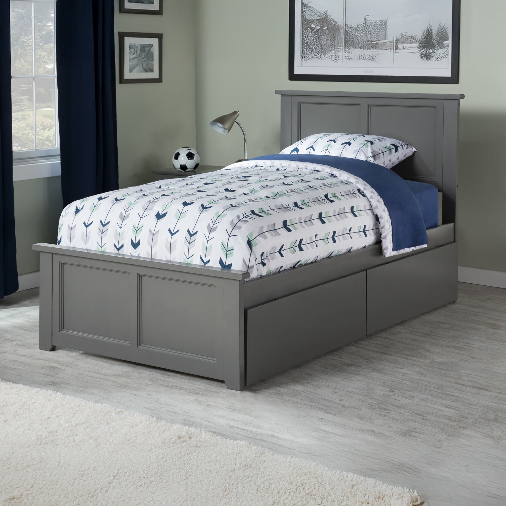 AFI Madison Twin Wood Platform Bed with Matching Footboard & Storage Drawers, Grey
