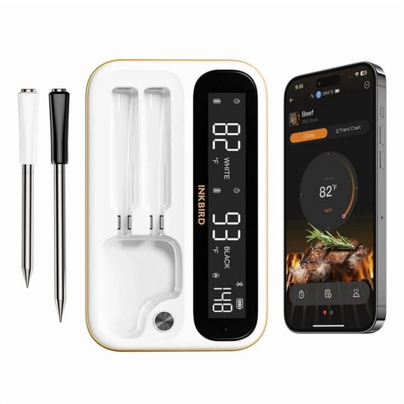 INKBIRD 5GHz & 2.4GHz WiFi Wireless Meat Thermometer with 2 Size-Coded Probes and Unlimited Range,Bluetooth 5.4 Thermometer with 360° Readable LCD-Enhanced Booster,White