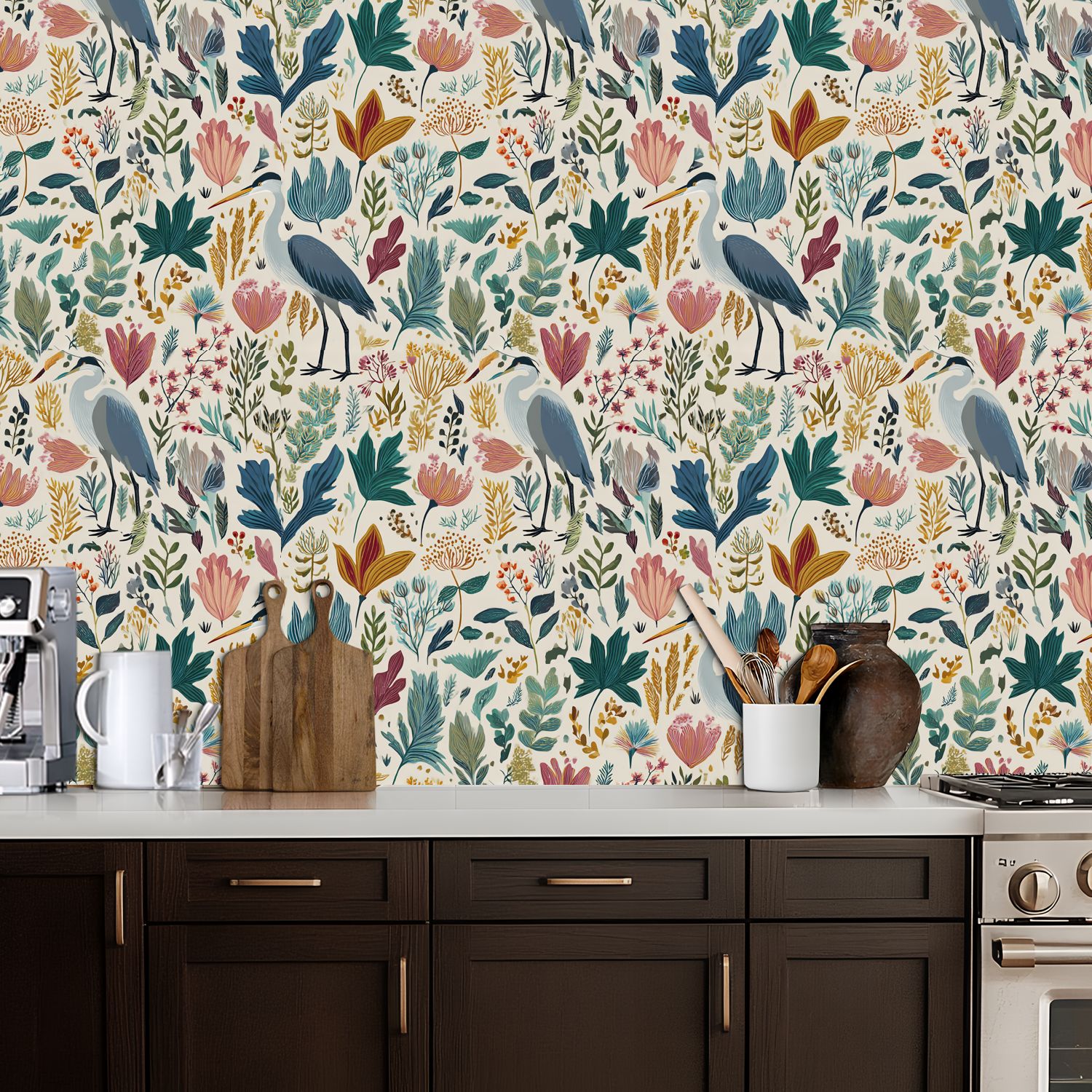 Vintage Peel and Stick Wallpaper Floral Botanical Herons Vibrant Foliage Wall Mural 17.7in x 9.8ft Self Adhesive Removable Wall Paper Renter Friendly Wallpaper for Nursery Bedroom Cabinets
