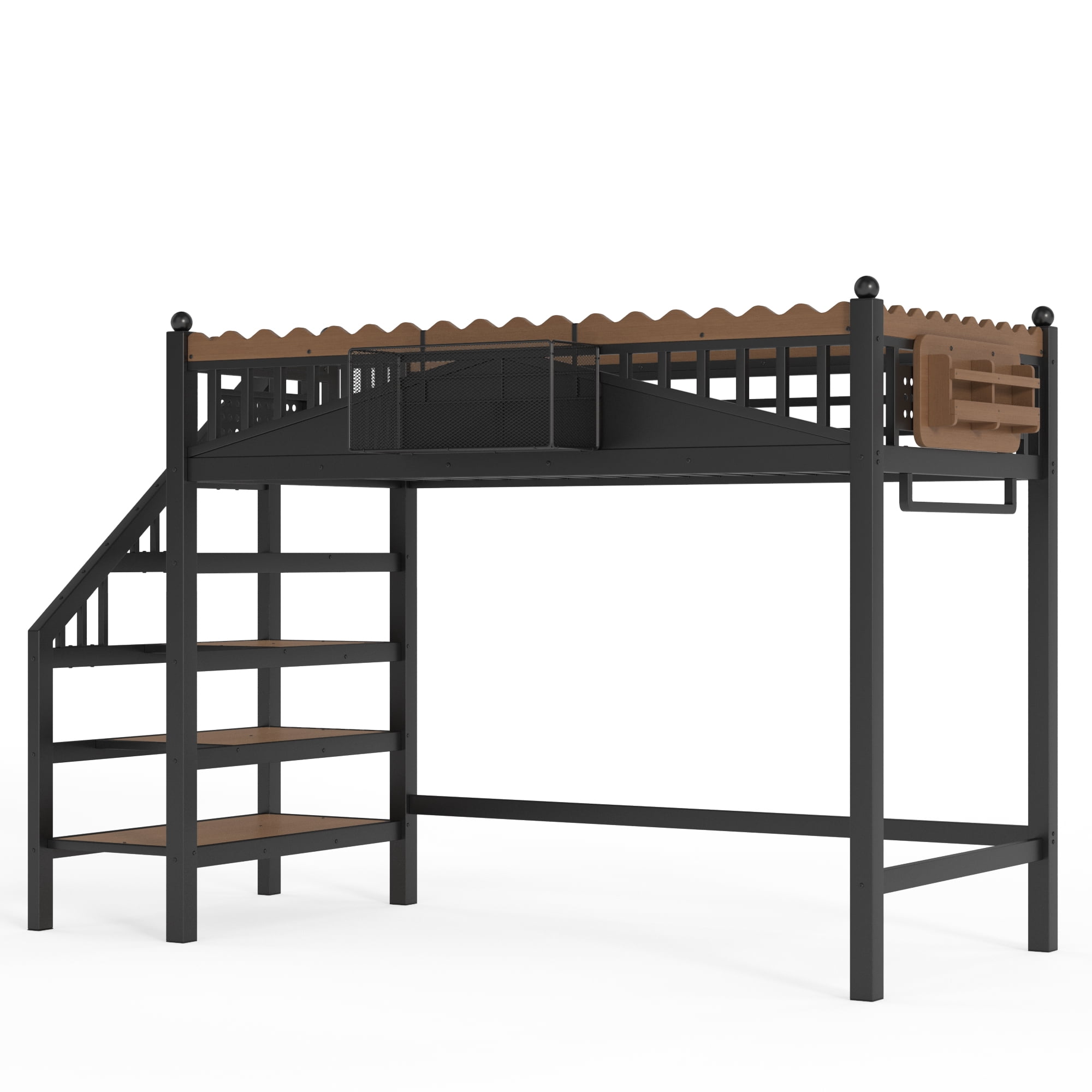 Twin XL Size Loft Bed with Storage Stairs & Bookshelf, Metal Loft Bed Frame with Storage Shelves, Space-Saving Loft Bed for Dorms, Small Bedroom, Black