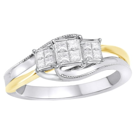 - Princess Cut White Diamond Cluster Three Stone Ring in 10k Two Tone Solid Gold