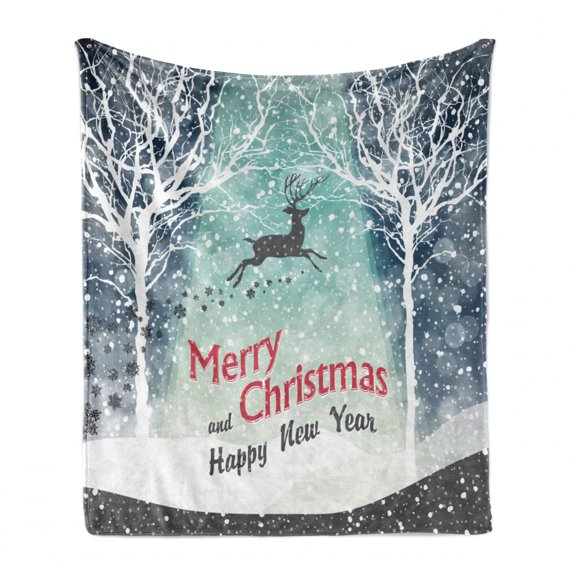 New Year Soft Flannel Fleece Blanket, Merry Christmas Snowing Woodland Trees and Flying Reindeer Winter Themed Graphic, Cozy Plush for Indoor and Outdoor Use, 70" x 90", Multicolor, by Ambesonne