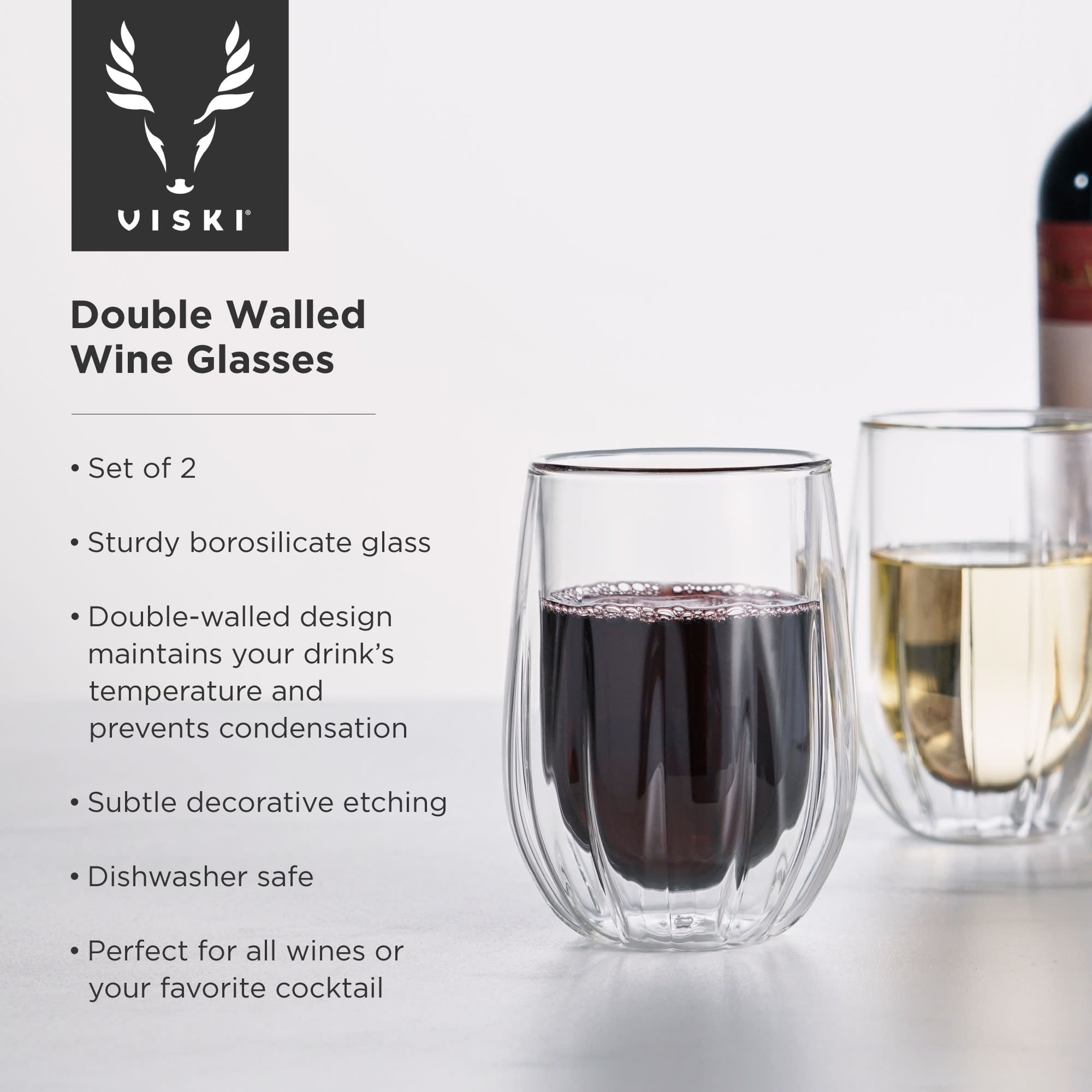 Viski Double Walled Wine Glasses for Birthday, Wedding Gifts, 13oz Set of 2