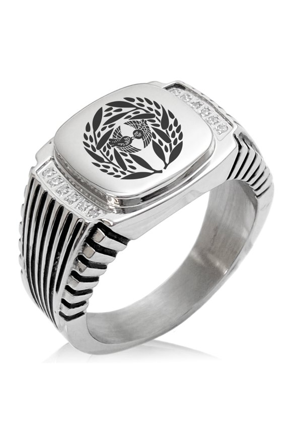 Stainless Steel Yagyu Samurai Crest CZ Ribbed Needle Stripe Pattern Biker Style Polished Ring