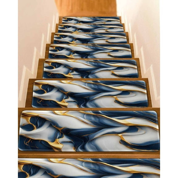 Navy Blue Marble Stair Treads for Wooden Steps Indoor Runner Rug Carpet, Gold Modern Art 4 Pieces Peel and Stick Staircase Step Treads Covers Washable Throw Door Mats, 30"x8"