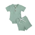 thumbnail image 1 of MesaSe Baby Short Sleeve Ribbed Knit O Neck Romper  Drawstring Short Pants, 1 of 10