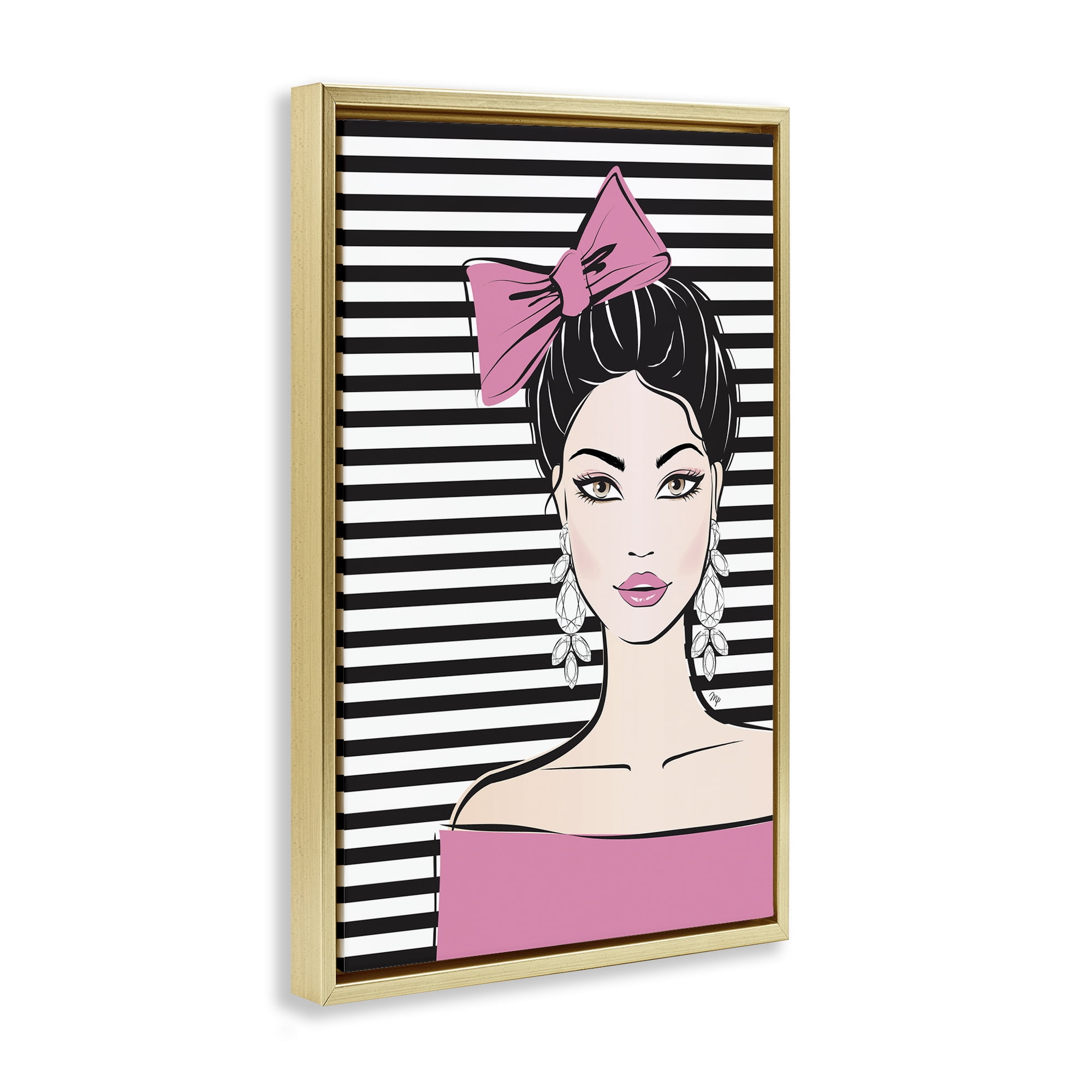 Stupell Industries Girl with Pink Bow & Earrings Gold Framed Floater Canvas Wall Art, design by Martina Pavlova
