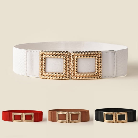 IQOGKRN Women Wide Elastic Stretch Waist Belt Double Twisted Square Gold Buckle Fashion Decorative Waistband Black One Size