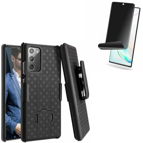 Privacy Screen Protector & Case Belt Clip for Samsung Galaxy Note 20 Phone - Combo with TPU Film Anti-Peep (Fingerprint Works) Anti-Spy & Holster Swivel Cover Kickstand