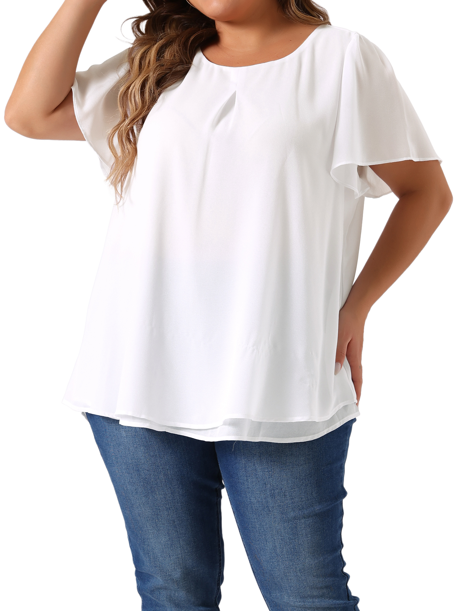 DARING DIVA Women's Plus Chiffon Ruffle Double-Layered Top 1X White