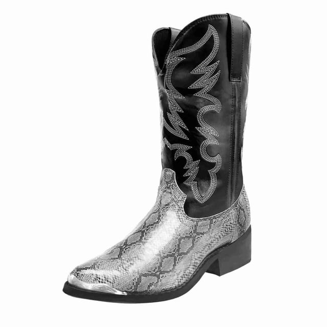 Men’s Western Cowboy Boots, Snake Print Embroidered Mid-Calf Boots, Pointed Toe with Metal Tip, Classic Pull-On Design Slip-Resistant Sole