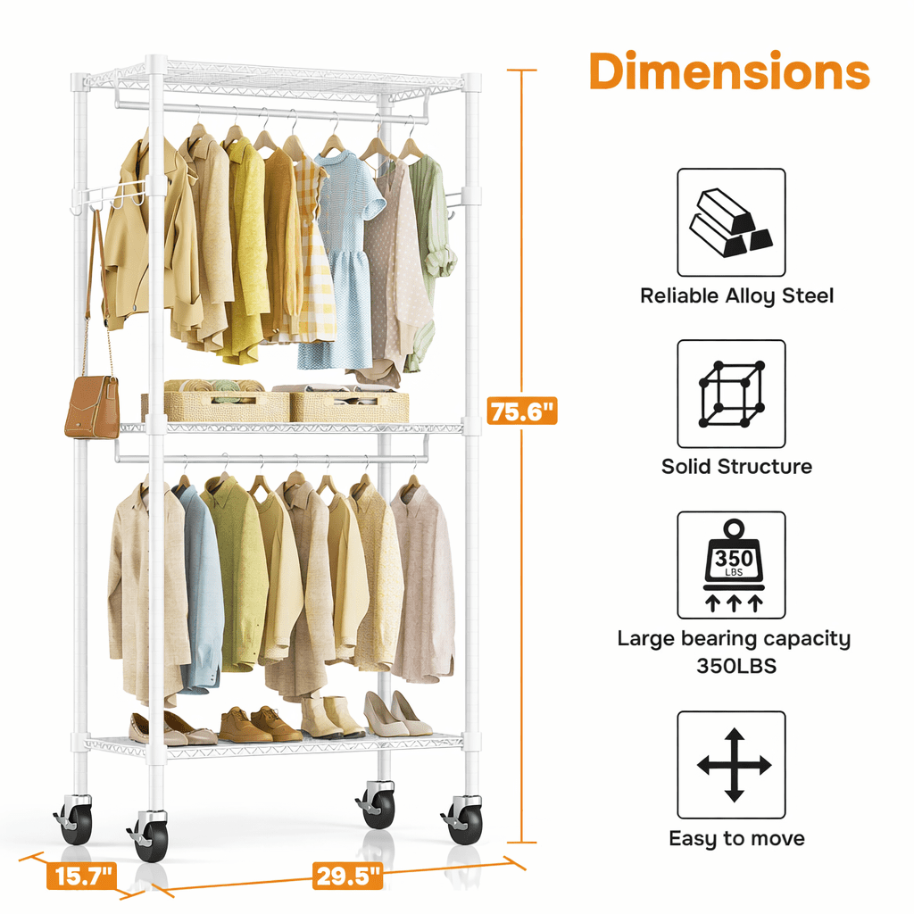 Simple Deluxe Rolling Clothes Rack, Heavy Duty Clothing Rack, 3-Shelf Portable Adjustable Wardrobe Closet with Wheels, Hanging Rods & Side Hooks, 29.5" W x 15.7" D x 75.6" H, White
