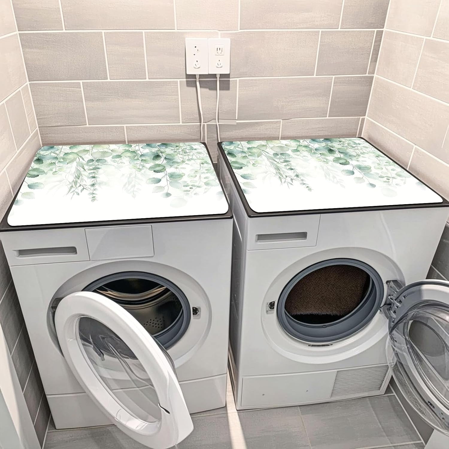 Non-Slip Washer & Dryer Top Cover Protector Mat Dust-Proof Washing Machine Cover Pad With Green Leaf Design Universal 23.6"x19.7" for Laundry Room & Kitchen Decor