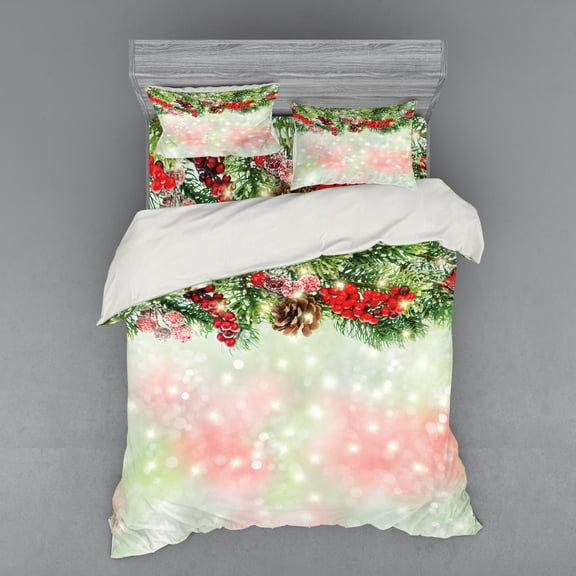 Ambesonne Christmas Bedding Set 4 Pcs, Green Branches Holly, Queen, Red Green Brown