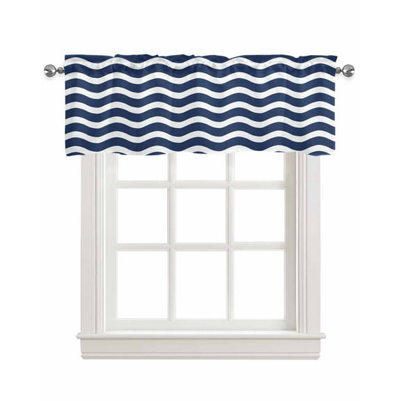Navy Blue Moire Ombre Kitchen Valances for Windows Farmhouse Linen Window Valance Curtain for Living Room Window Treatment Water Ripple Stripe Farmhouse Valance Rod Pocket Topper Drape, 60 x 18 Inch