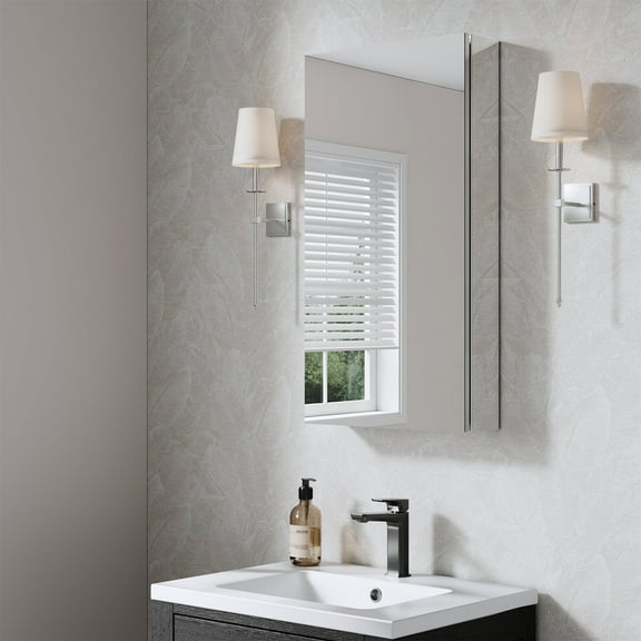 ANGELES HOME 16" x 30" Rectangle Medicine Cabinet Mirror, Surface Mount or Recessed Medicine Cabinet with Tempered Mirror, Anodized Chrome Aluminum Frame, Bathroom Mirror with Storage