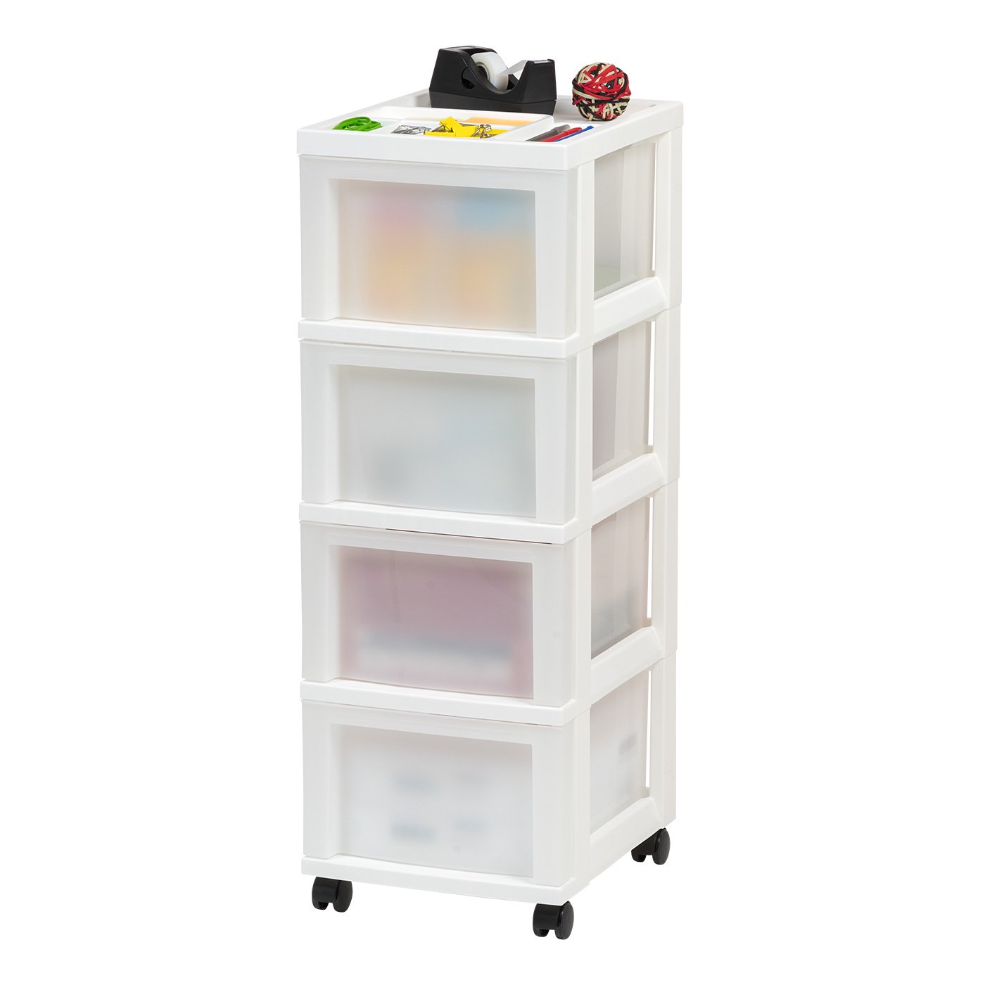 4Drawer Plastic Storage Cart with Organizer Top & Wheels, Adult, White