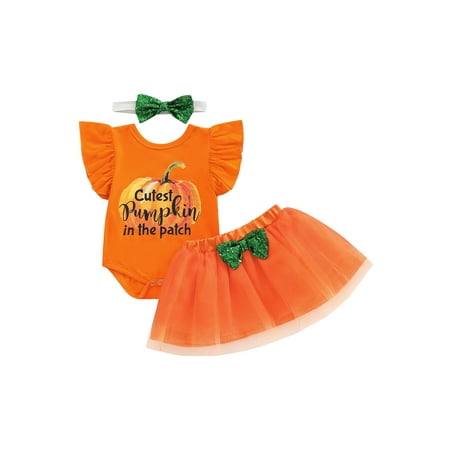 

3Pcs Baby Girls My 1st Halloween Outfits Pumpkin Print Romper+Bow Tutu Dress+Headband Skirt Set