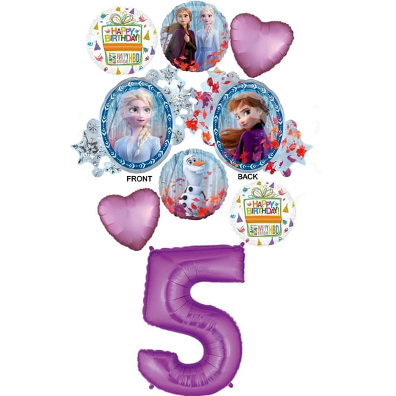Frozen 2 Party Supplies 5th Birthday Elsa, Anna and Olaf Balloon Bouquet Decorations - Purple Number 5