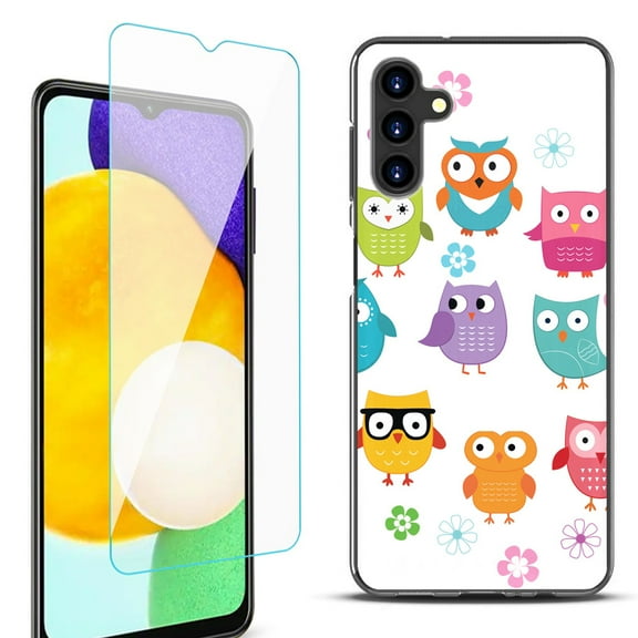 Slim-Fit Protective Fashion Phone Case (Black) for Samsung Galaxy A13 5G, with Tempered Glass Screen Protector, by OneToughShield ® - Happy Owl
