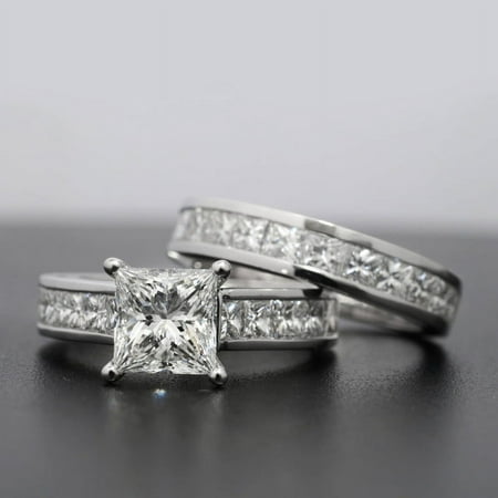 Silvago Jewel Prong Set 2 Ct Princess Cut Lab Created Diamond Ring - 14K White Gold Plated Rings - Engagement Wedding Diamond Rings - Modern Designer Bridal Ring Sets - Solitaire with Accents Rings