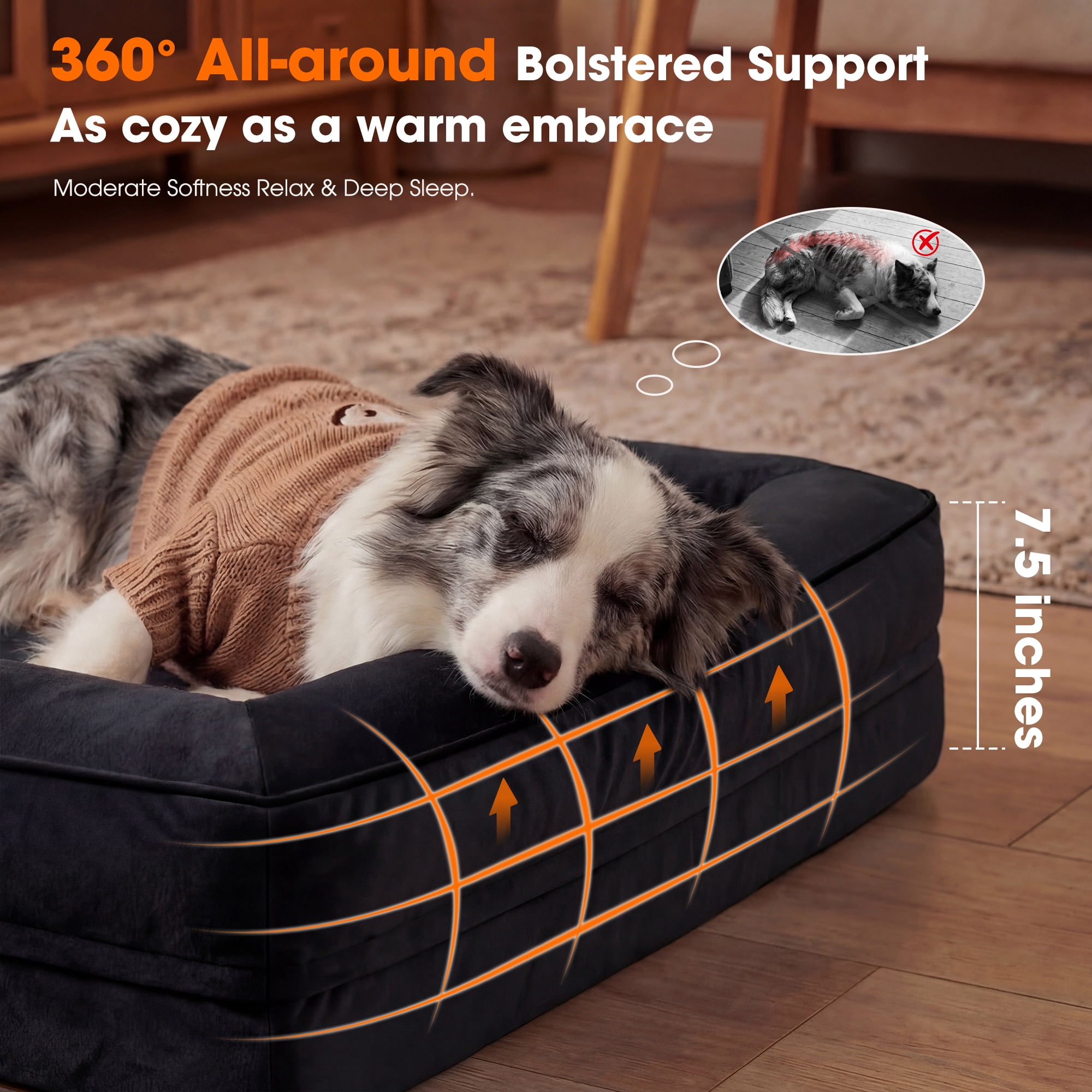 XX-Large Orthopedic Dog Bed Waterproof Pet Sofa Bed Four-Sided Bolster Cushion with Removable Washable Cover for Big Dogs Black