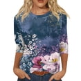 thumbnail image 2 of Women's 3/4 Sleeve Tshirts Dressy Casual Round Neck Blouse Tops Spring Summer Trendy Floral Print Loose Tunic Tops Navy 3XL, 2 of 5
