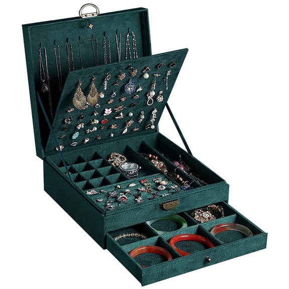 Women Jewelry Box Lockable 3 Layers Large Jewelry Organizer Storage Case for Earrings Necklaces Rings Bracelets,Green Display Jewel Holder (Green)