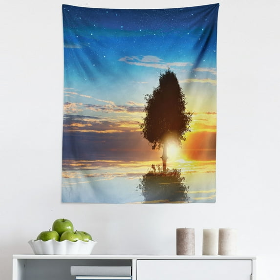 Landscape Tapestry, Silhouette of a Tree Against Sunset Idyllic Nature Scene Spring Illustration, Fabric Wall Hanging Decor for Bedroom Living Room Dorm, 5 Sizes, Multicolor, by Ambesonne