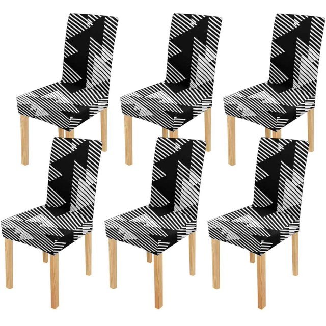 ABPHQTO Líneas geométricas Triángulos superpuestos Funda protectora para silla elástica a rayas Funda protectora para asiento para comedor Hotel Fiesta de boda Juego de 6