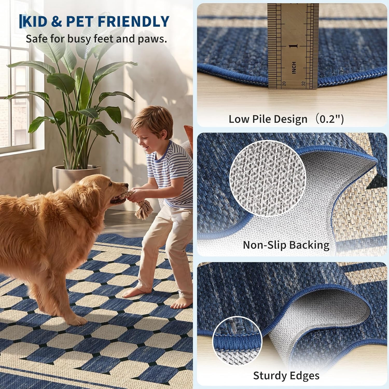 8x10 Washable Area Rug, Non-Slip Scalloped Checkered Design, Modern Farmhouse Indoor Outdoor Rug for Living Room Patio, Navy