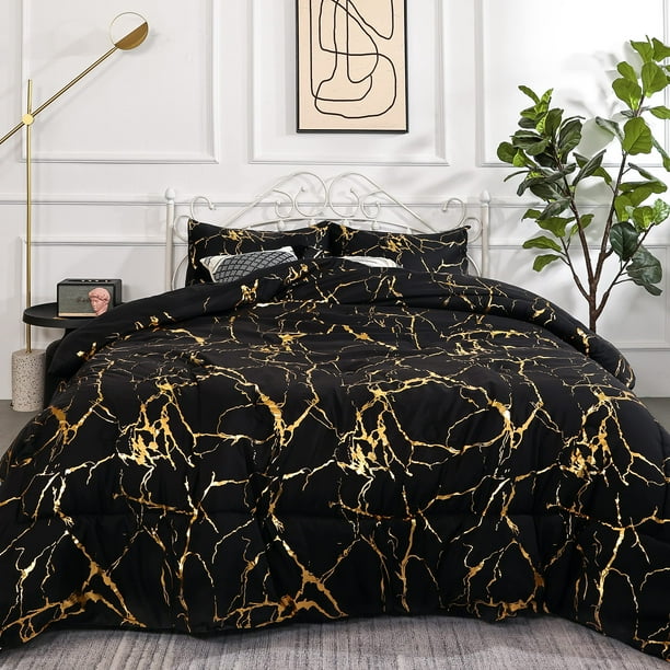 Smoofy Gold Black Comforter Queen Bed Set Marble Print Glitter Gold