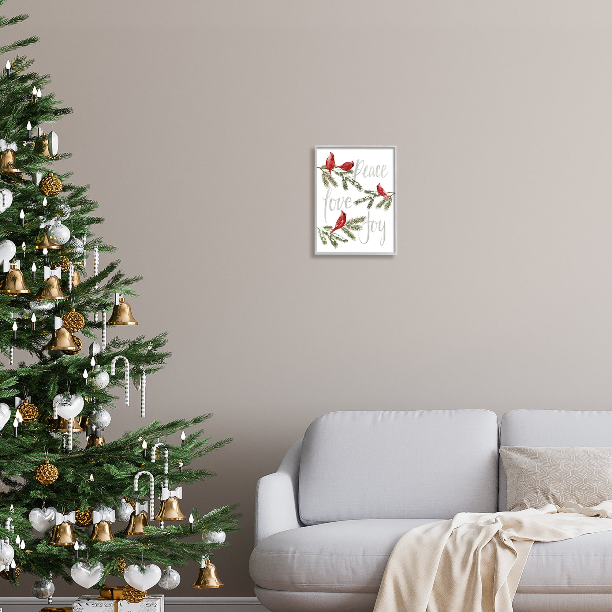 Stupell Industries Peace Love Joy Cardinals Holiday Painting Gray Framed Art Print Wall Art, 11 x 14