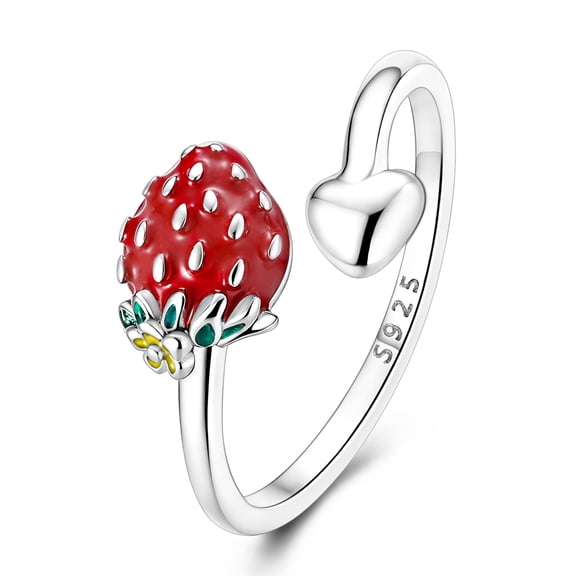 MULA 925 Sterling Silver Enamel Strawberry Adjustable Ring for Women, Hypoallergenic Birthday Gift with Box