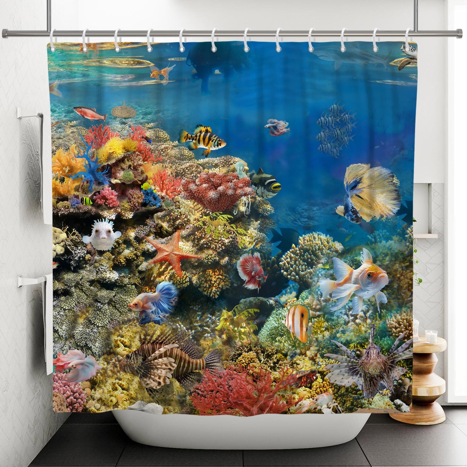SUNOLIFE Underwater World Shower Curtain Ocean Under the Sea Fabric Bathroom Curtain with Hooks,72x72 in