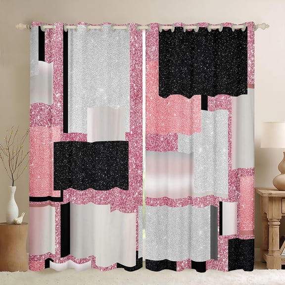 Manfei Modern Abstract Geometric Black Out Curtains, Pink Sequin Print Curtains Pack of 2 (42x63 Each), Teen Kid Adult Bedroom Curtains, Curtains and Drapes Bedroom Decor
